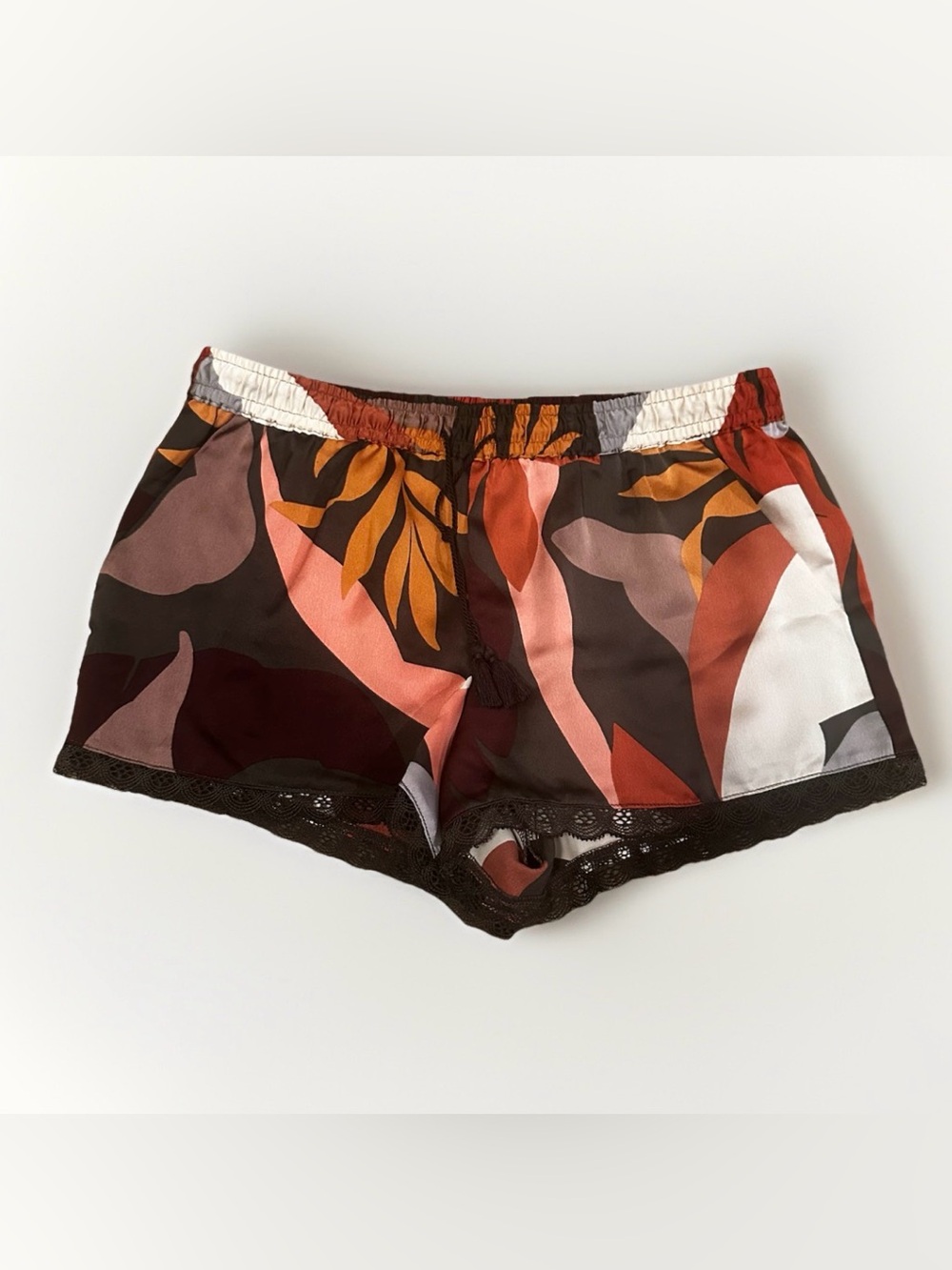 ETAM Women’s floral Abstract Satin Lounge Shorts with Lace Trim - Brown Multi S